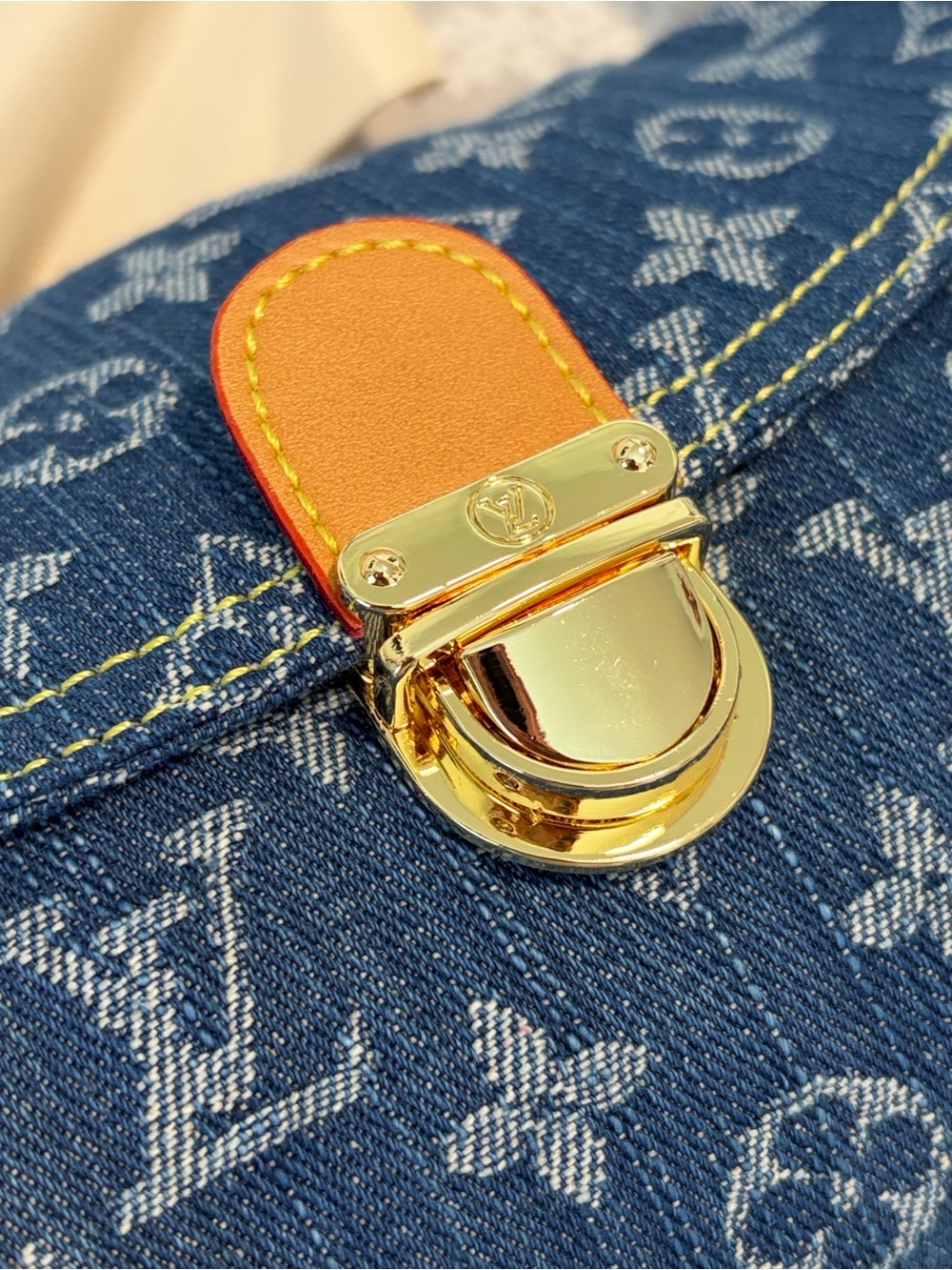 Denim Shoulder Bag with Gold-Tone Clasp - Blue - Picture 3 of 7